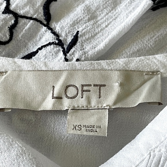 LOFT Embroidered Smocked Ruffle Blouse | White Black Boho Peasant Top | Size XS - Picture 7 of 8